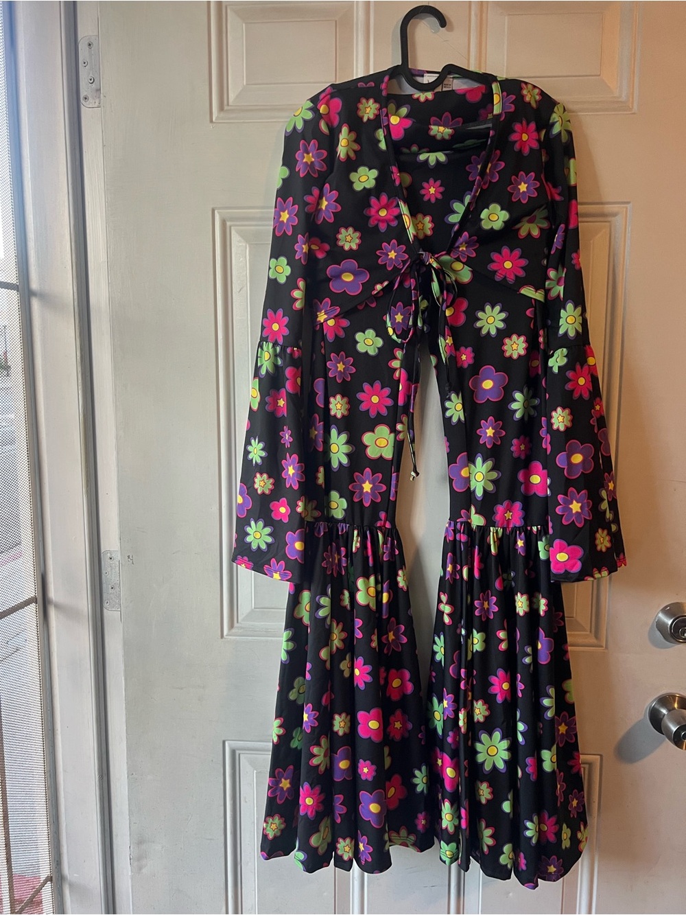 iHeartRaves Black Floral Tie-Front Jumpsuit with Pink & Green Flowers